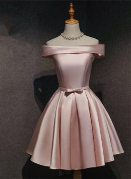 Picture of Cute Pink Satin Off Shoulder Knee Length Formal Dresses, Lovely Prom Dresses